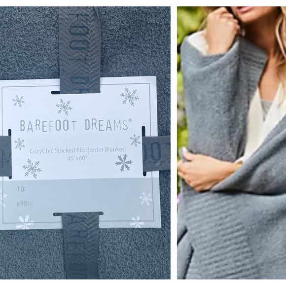 Barefoot Dreams CozyChic 45x60 Stacked Rib Border Blanket Dolphin Blue
